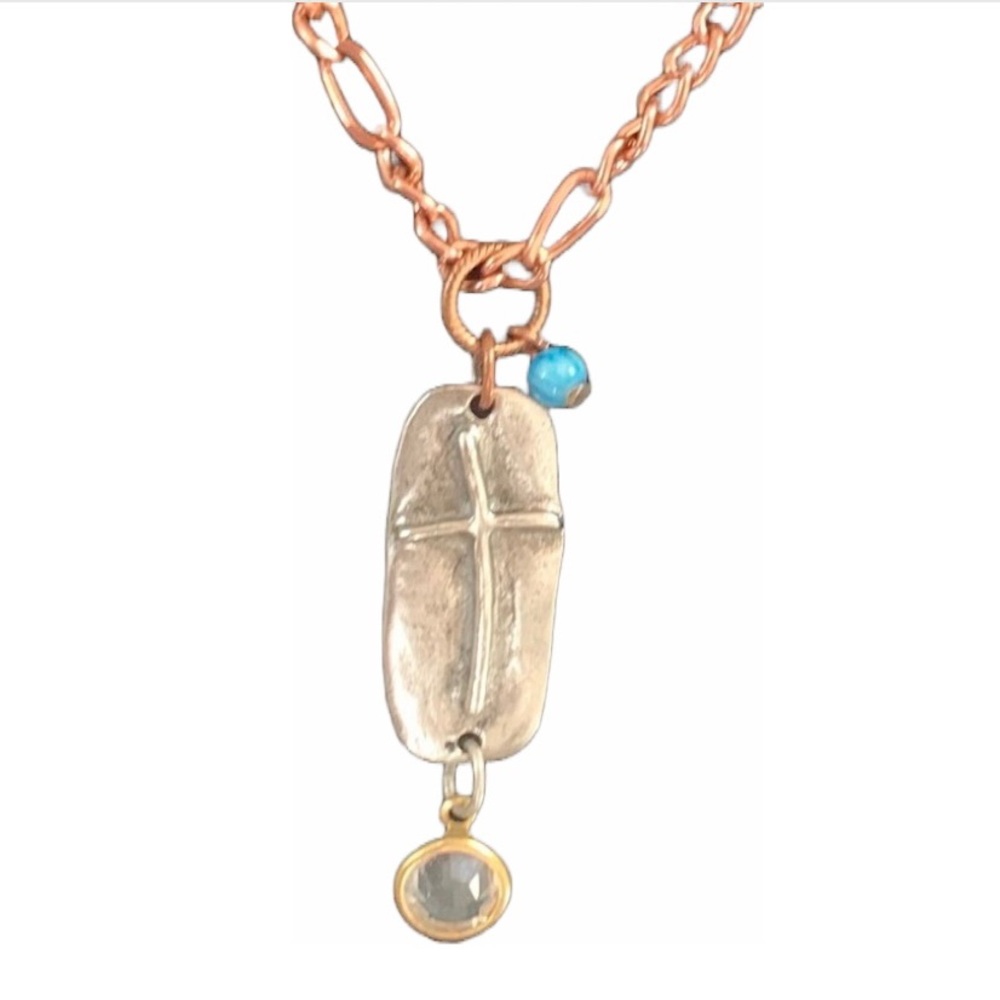 Cross Plate pewter/silver on copper necklace